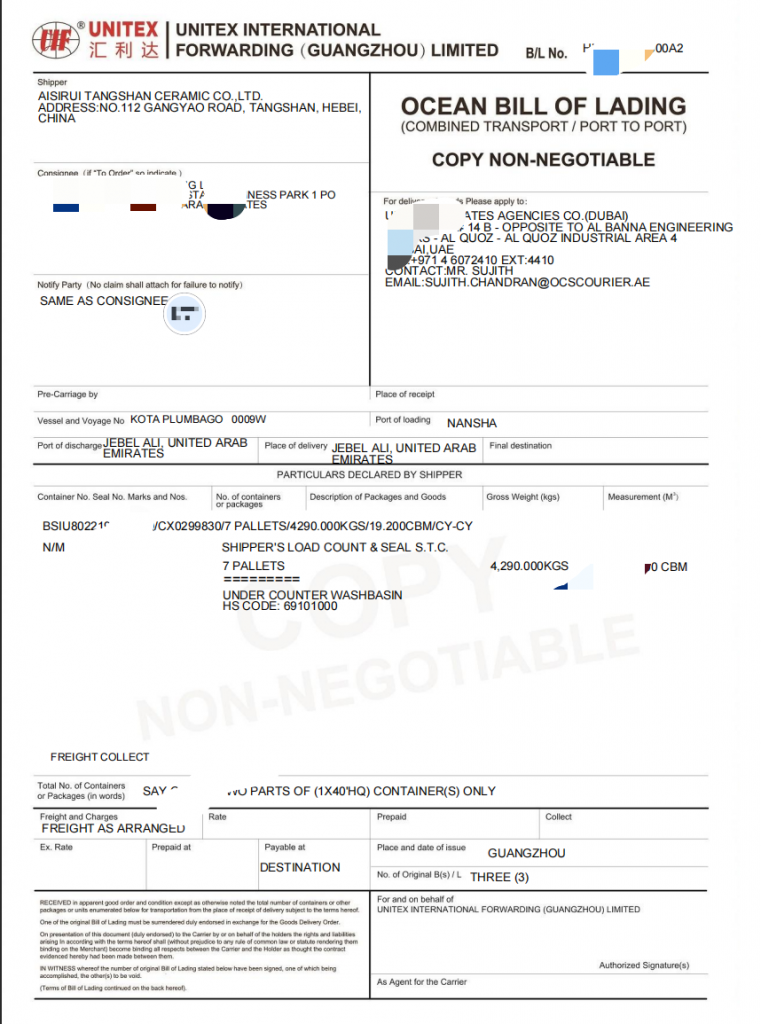 Export shipping documents including bill of lading and commercial invoice